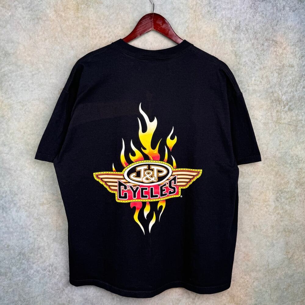 VTG 90s J&P Motorcycles Flame Biker T Shirt Sz XL Black Cycles Bike Harley
